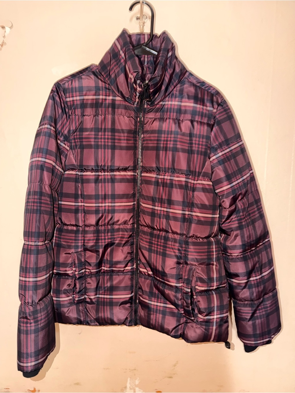 Maurices Plaid Puffer Jacket in Burgundy and Navy